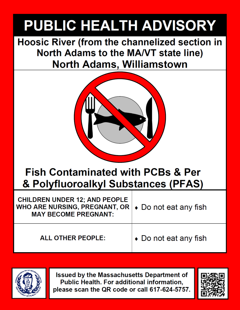 A posted for a public health advisory to not eat fish from the hoosic river.